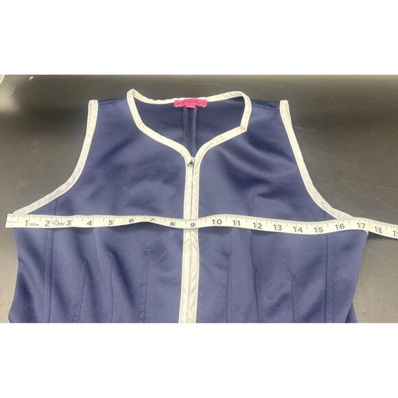 Betsey Johnson Women’s Navy Zip Front White Trim Pleated Sleeveless Dress Sz 10 - Picture 7 of 10